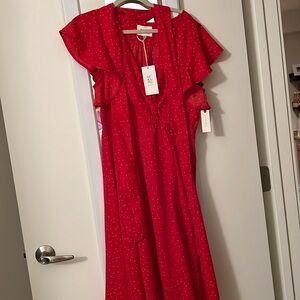 $298 NEW Anthropologie McGuire Red Polka Dot Wrap Dress Flutter Sleeve